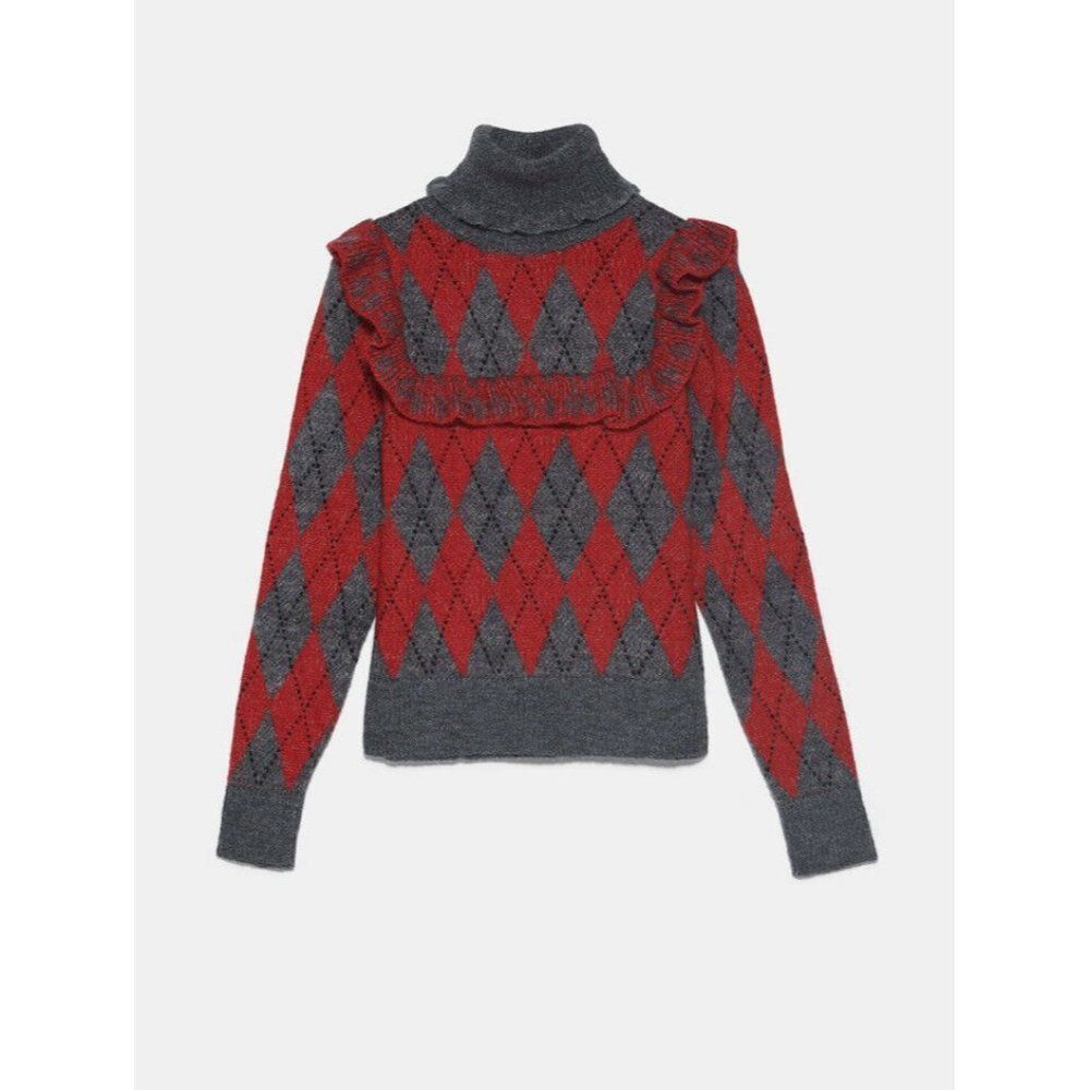 Zara Womens Argyle Sweater Turtleneck Ruffle Gray Red S Small NWT - Picture 6 of 8